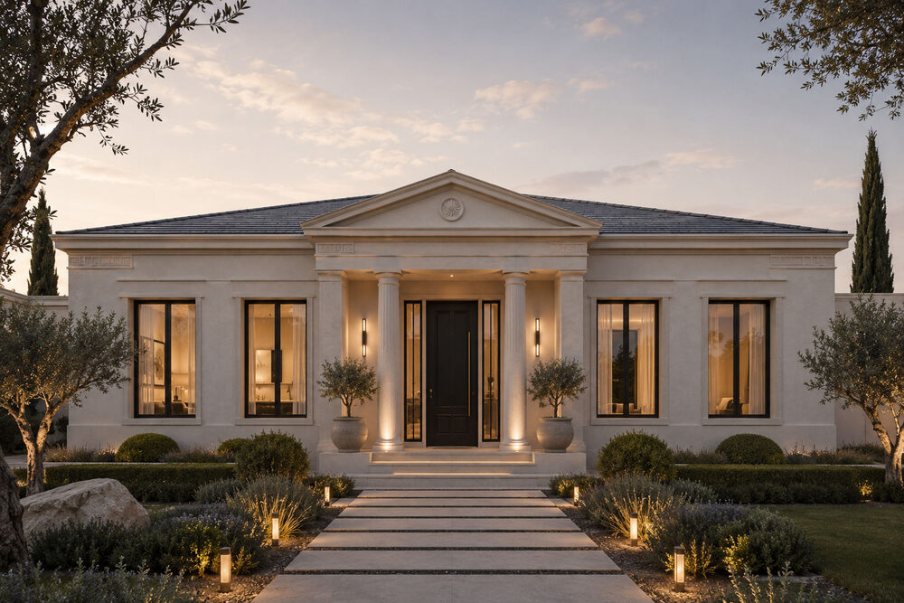 Contemporary Greek-inspired house at night
