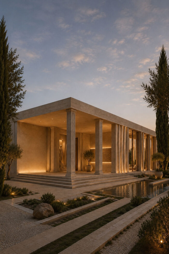 Contemporary Greek-inspired villa at dusk with reflecting pool